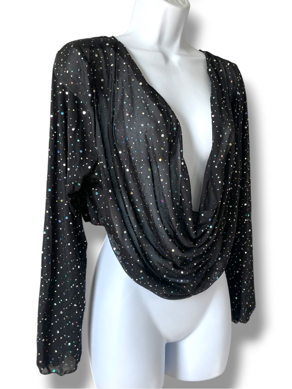 Y2K Sheer Mesh Glitter Crop Top Stretch Party Club Festival Long Sleeve Blouse